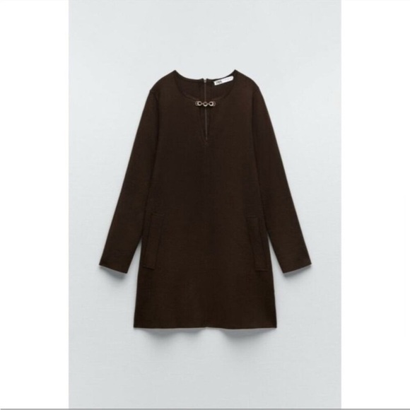 Zara Brown Gold Chain Cutout Long Sleeve Sweater Mini Dress NWT - Picture 4 of 7